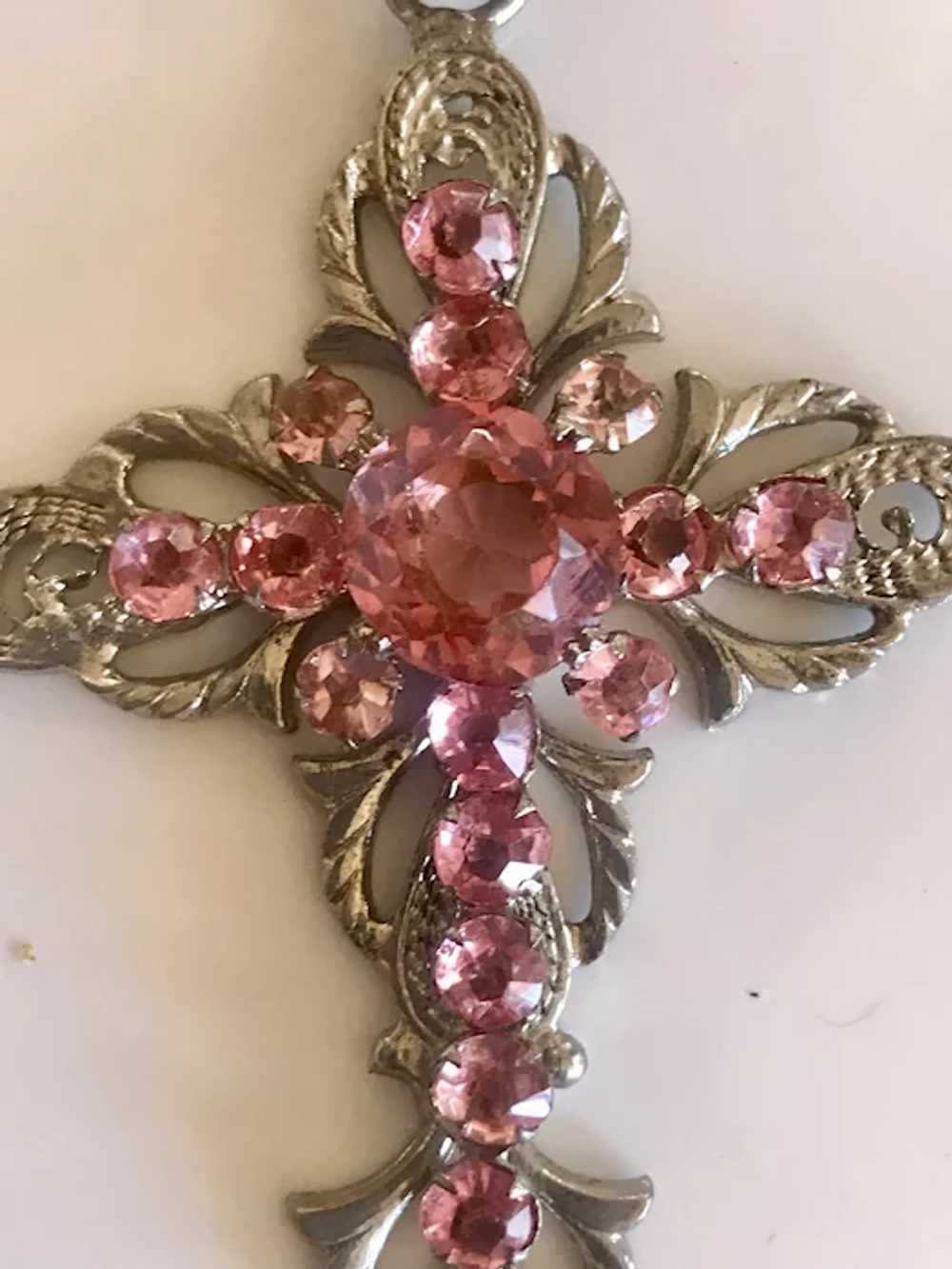 Georgian Pink Paste in Silver Filigree Cross Pend… - image 7
