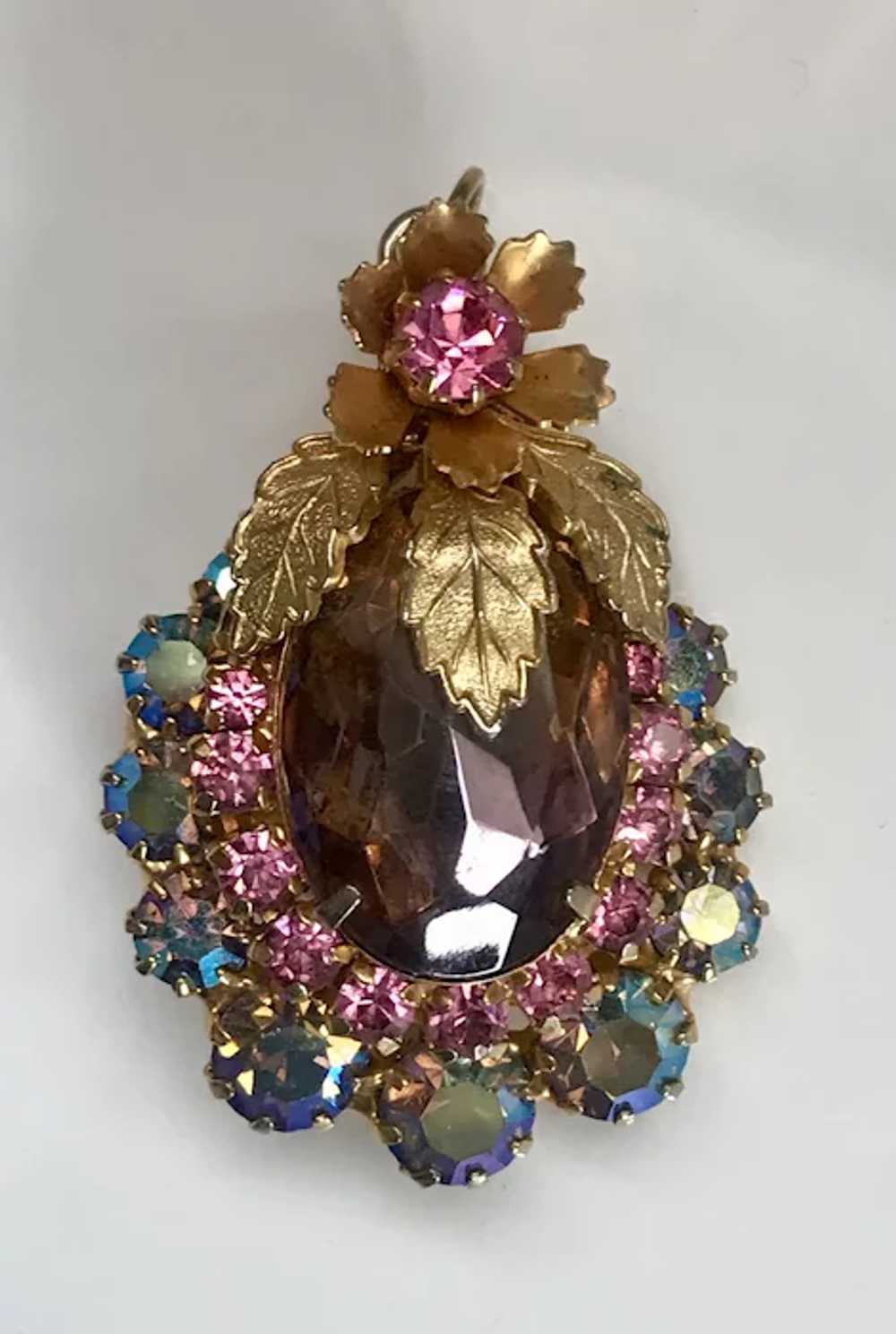 Large Goldtone Pink, Purple, and Aurora Borealis … - image 2