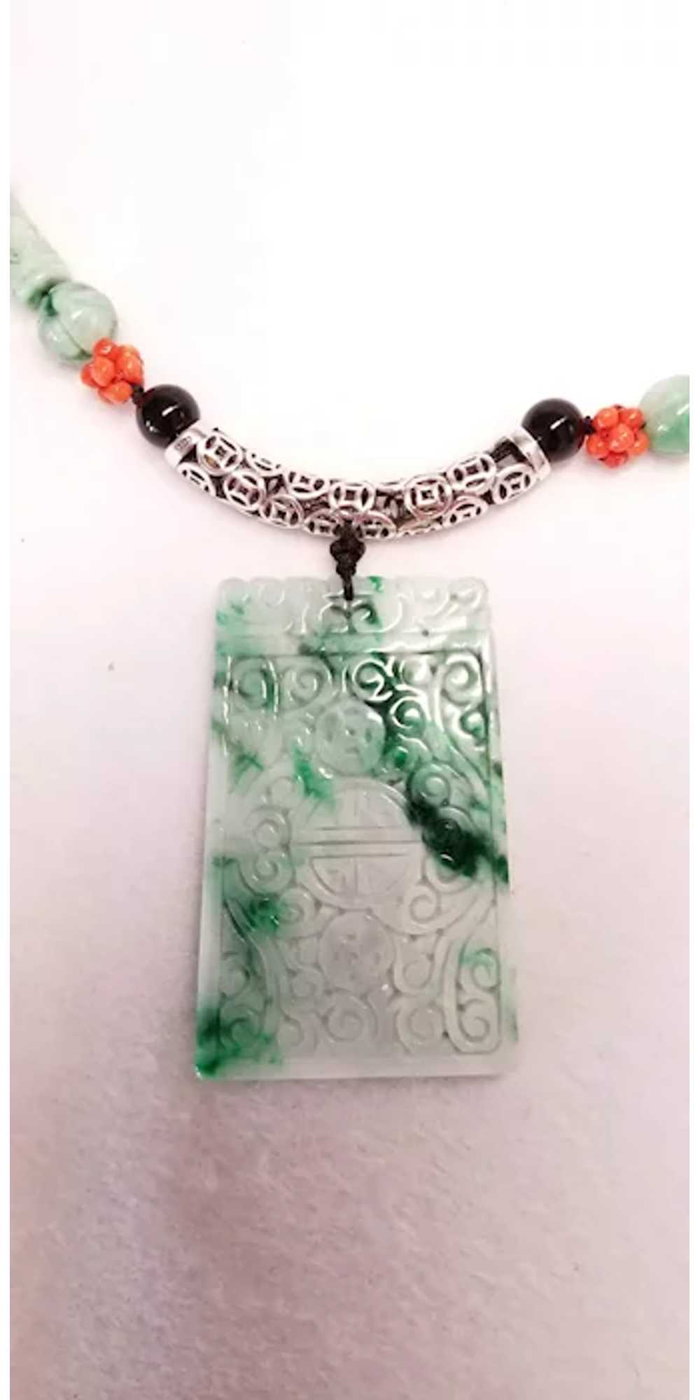 Carved Jadeite Pendant with Sardinian Coral, Turq… - image 7