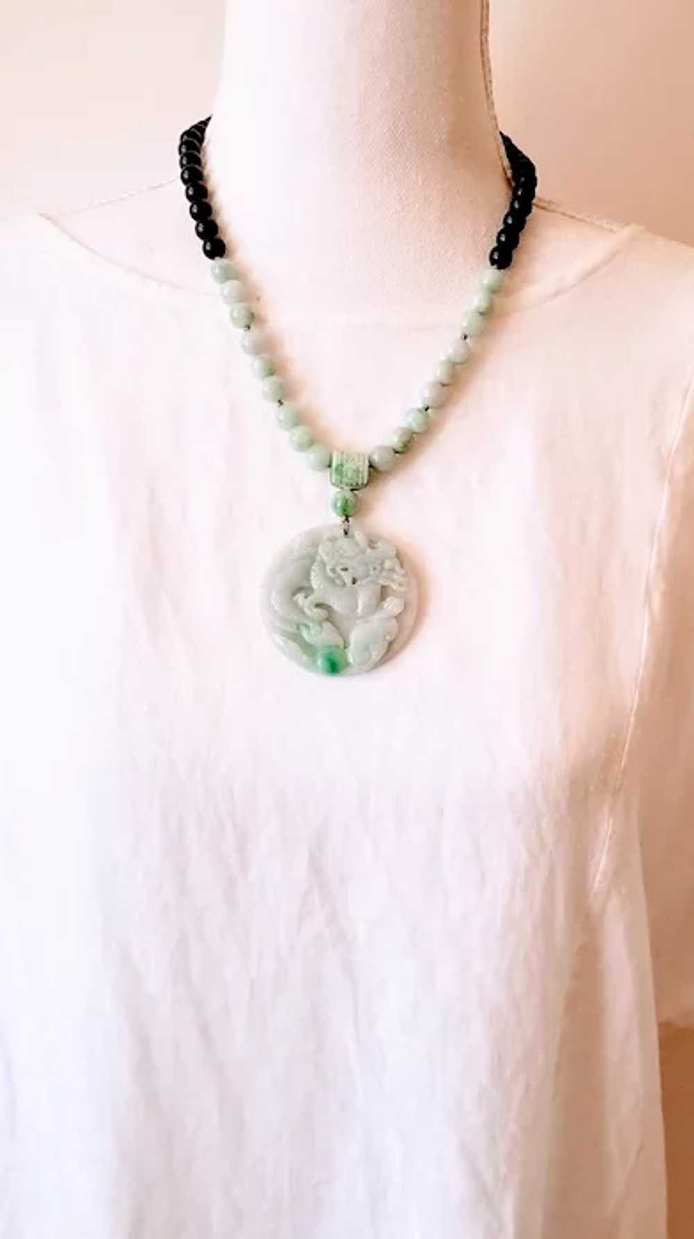 14K Carved Jadeite Dragon Pendant with Jadeite an… - image 2