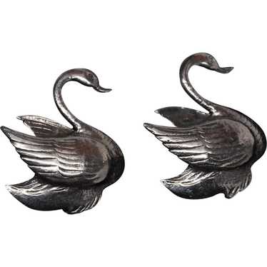 Pair of Graceful Sterling Silver Swan Pin Brooches - image 1