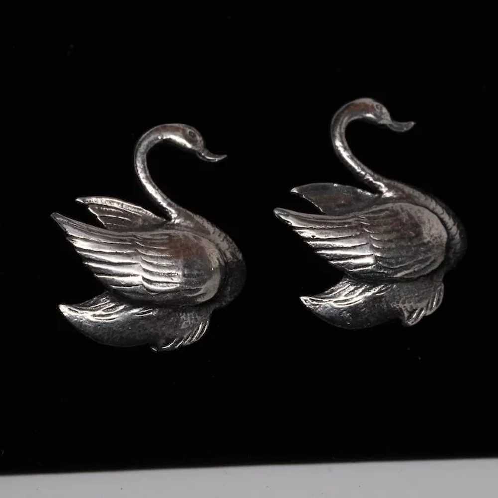 Pair of Graceful Sterling Silver Swan Pin Brooches - image 2