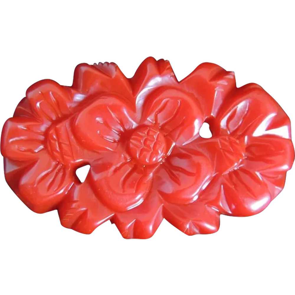 Bakelite Pin Deeply Carved Red Dimensional Flower - image 1