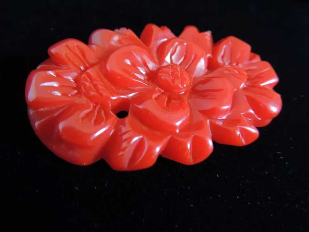 Bakelite Pin Deeply Carved Red Dimensional Flower - image 2