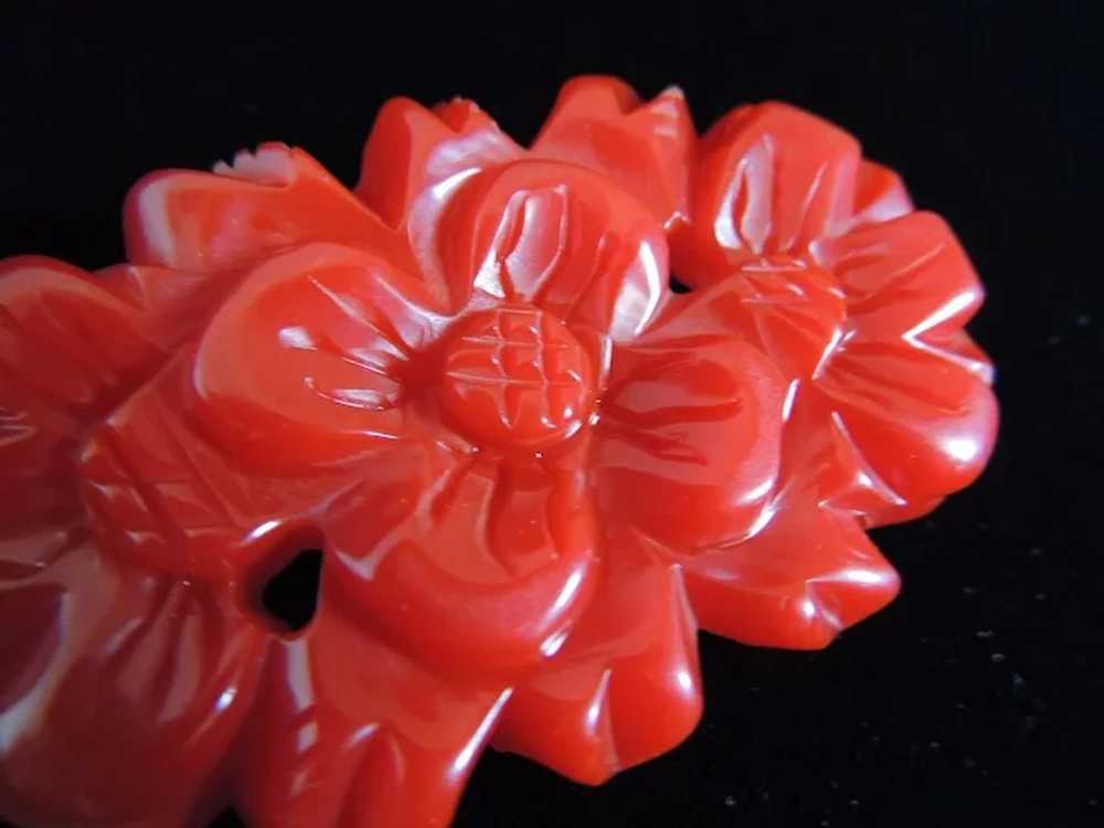 Bakelite Pin Deeply Carved Red Dimensional Flower - image 3