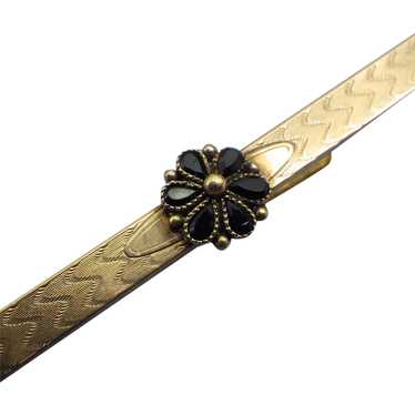 Victorian Rolled Gold Bar Pin, Jet Flower, 1890s - image 1