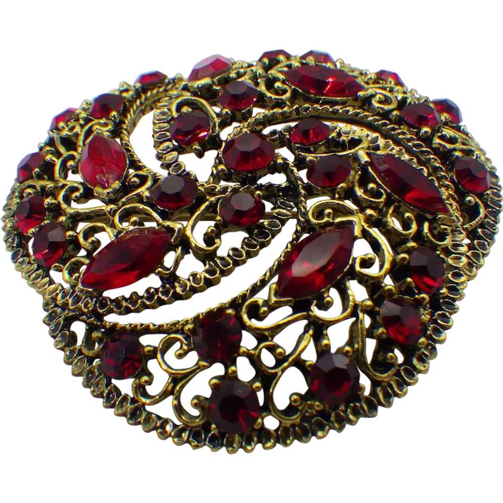 Siam Red Rhinestone Brooch, Vintage 1950s Filigre… - image 1