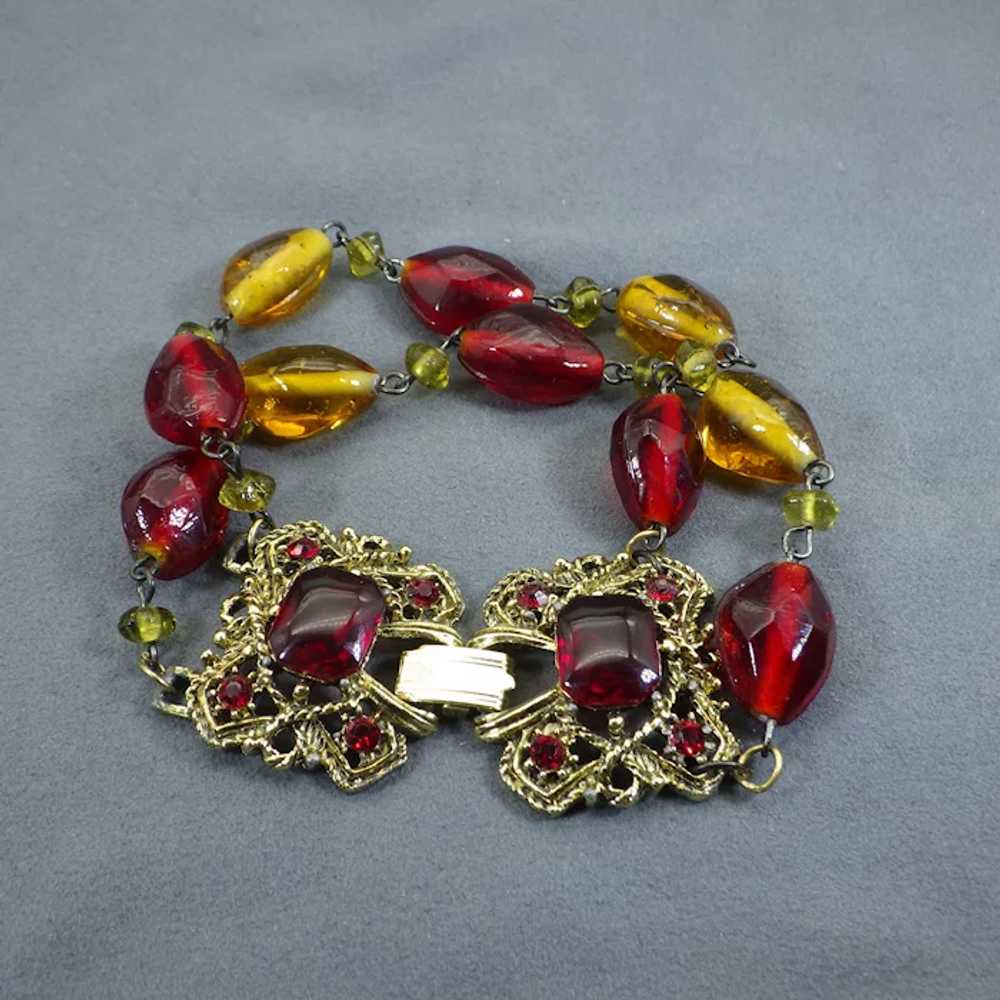 Vintage Art Glass Bracelet, Fancy Rhinestone Clas… - image 5