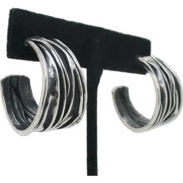 Striated Hoop Sterling Silver Earrings - image 1