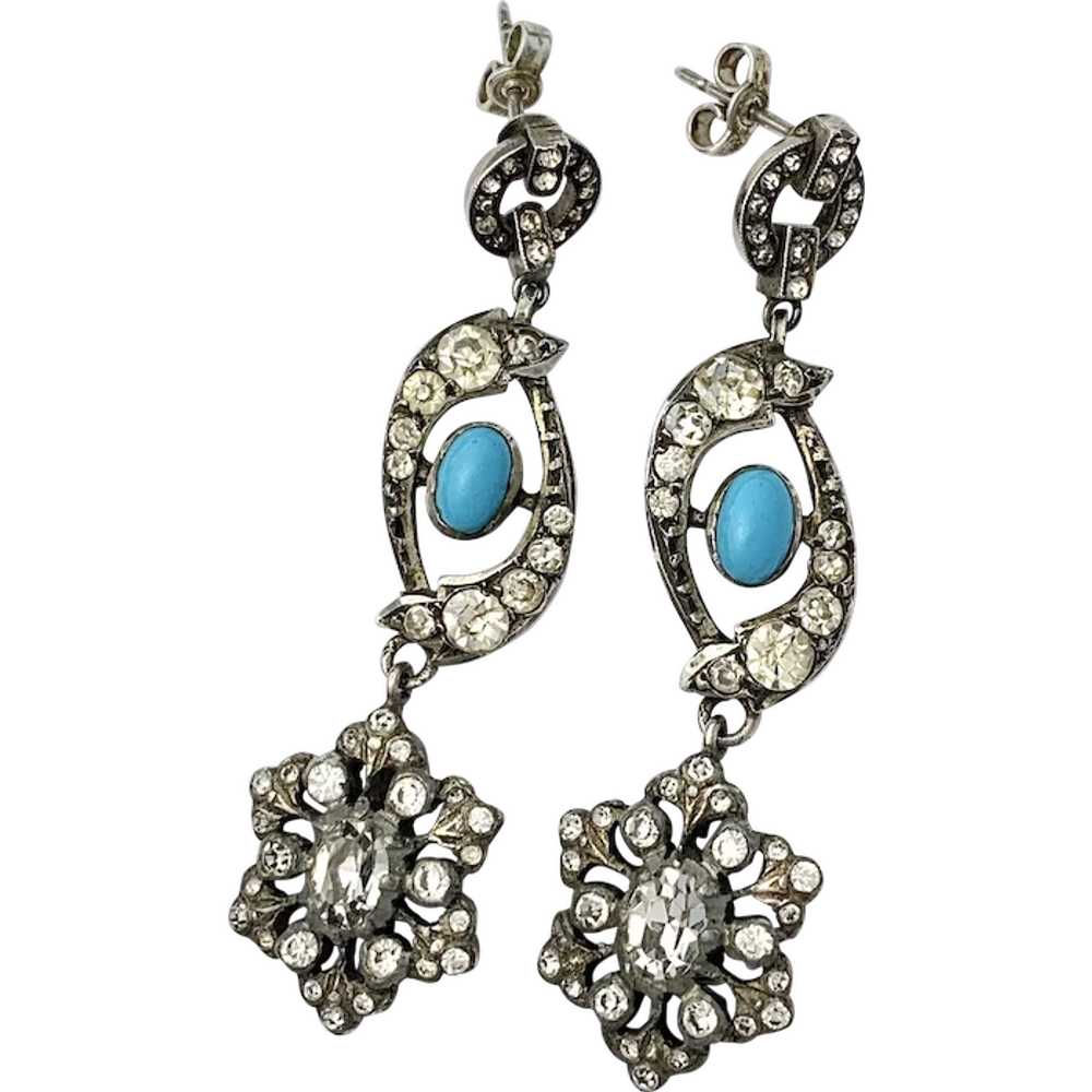 Antique Silver Paste Turquoise Chandelier Earrings - image 1