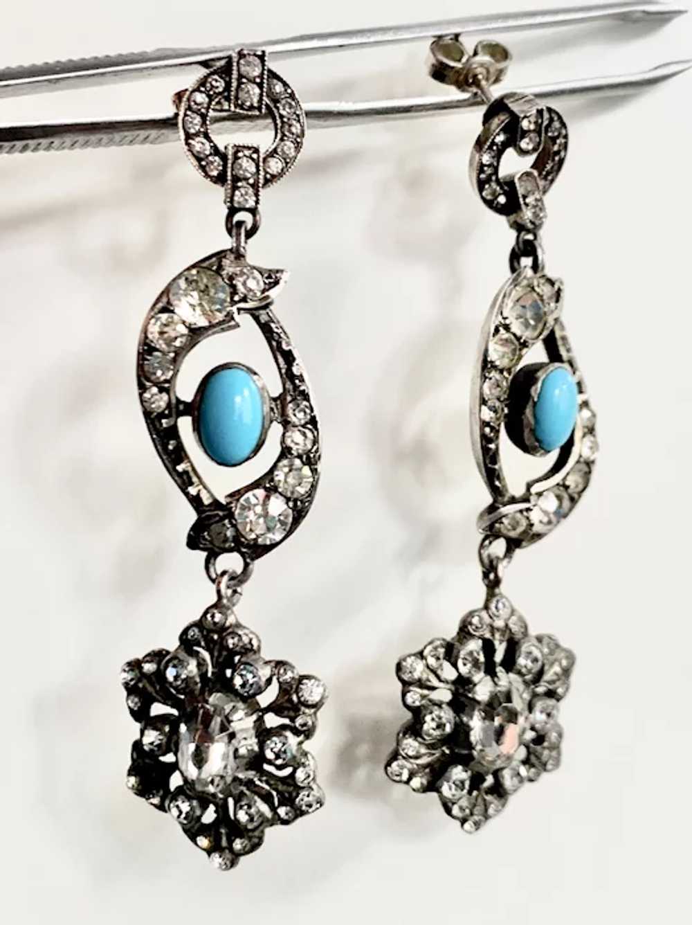 Antique Silver Paste Turquoise Chandelier Earrings - image 2