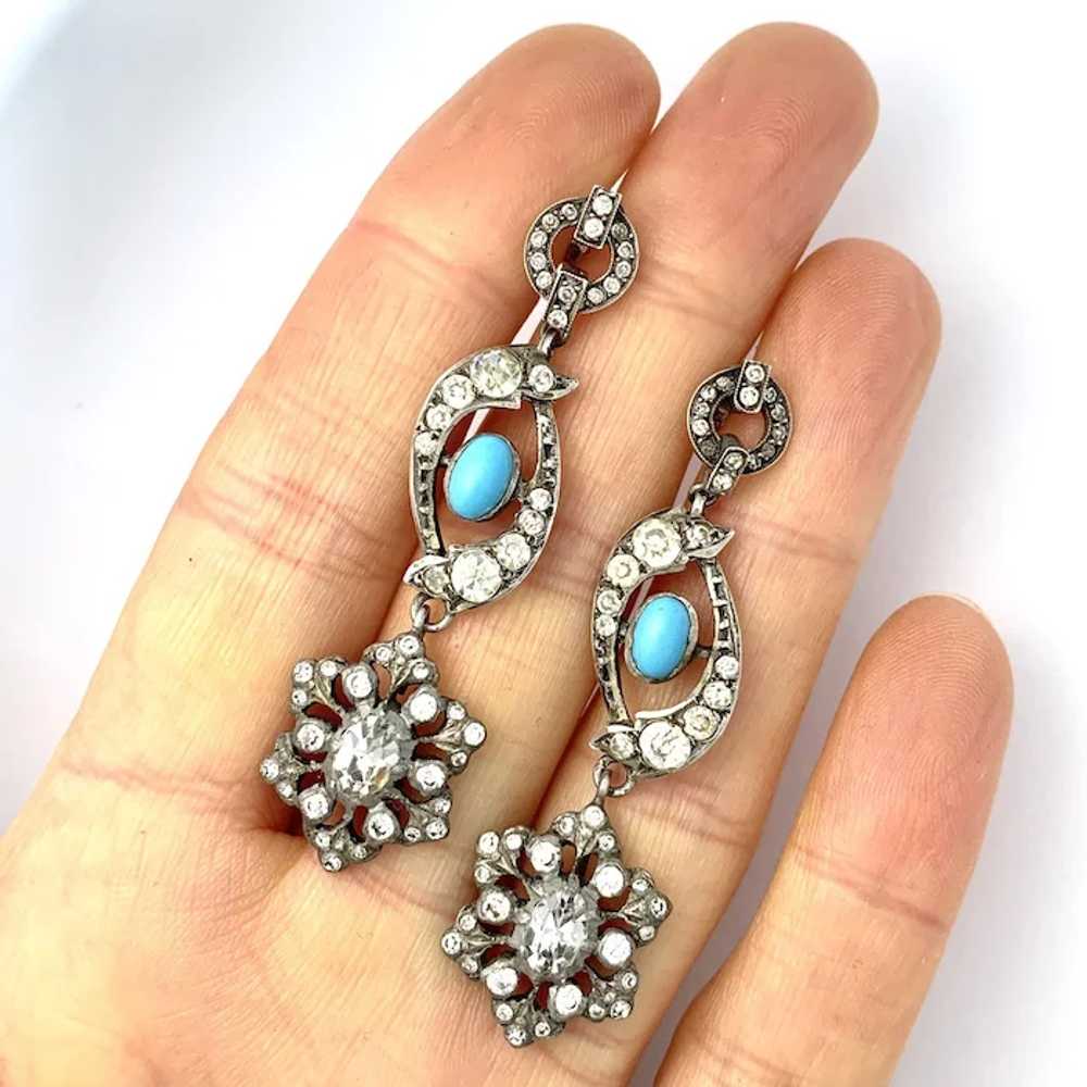 Antique Silver Paste Turquoise Chandelier Earrings - image 3