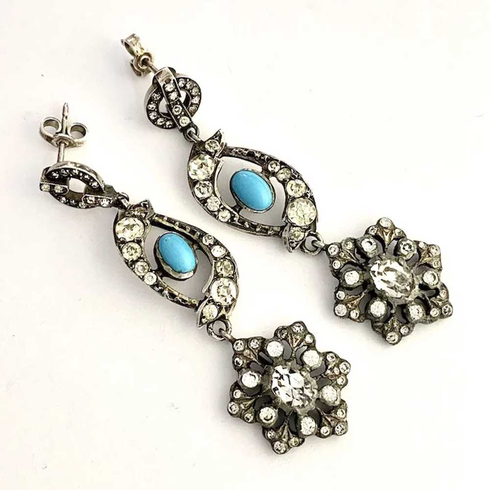 Antique Silver Paste Turquoise Chandelier Earrings - image 7