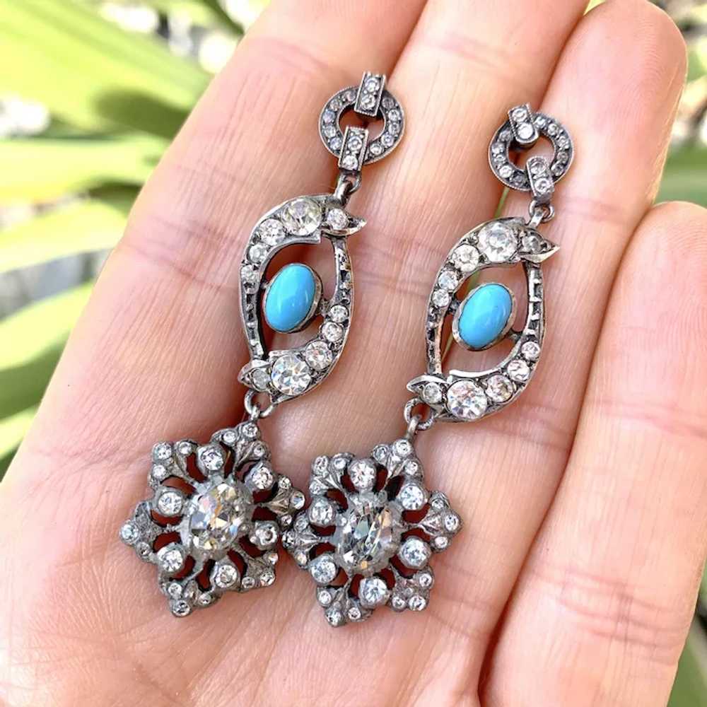 Antique Silver Paste Turquoise Chandelier Earrings - image 8
