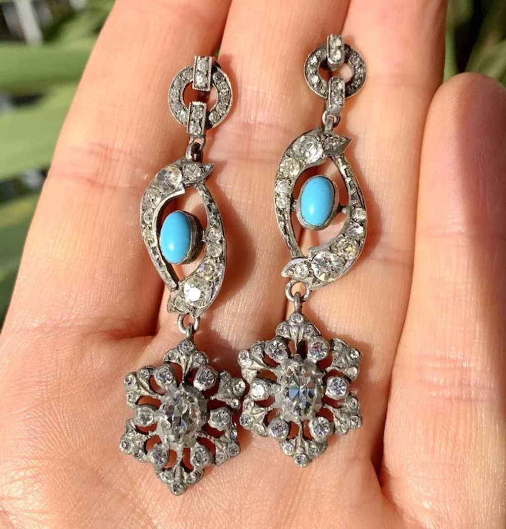 Antique Silver Paste Turquoise Chandelier Earrings - image 9