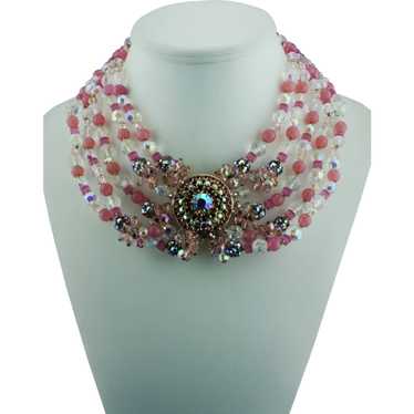 Unsigned 1960's choker necklace pink and AB beads 