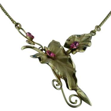1940's Scrolls and Leaves Pink Rhinestone Necklace