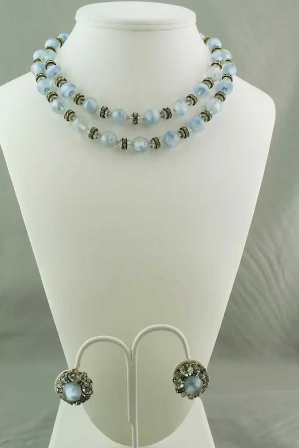 Blue glass bead and rhinestone rondels necklace a… - image 3