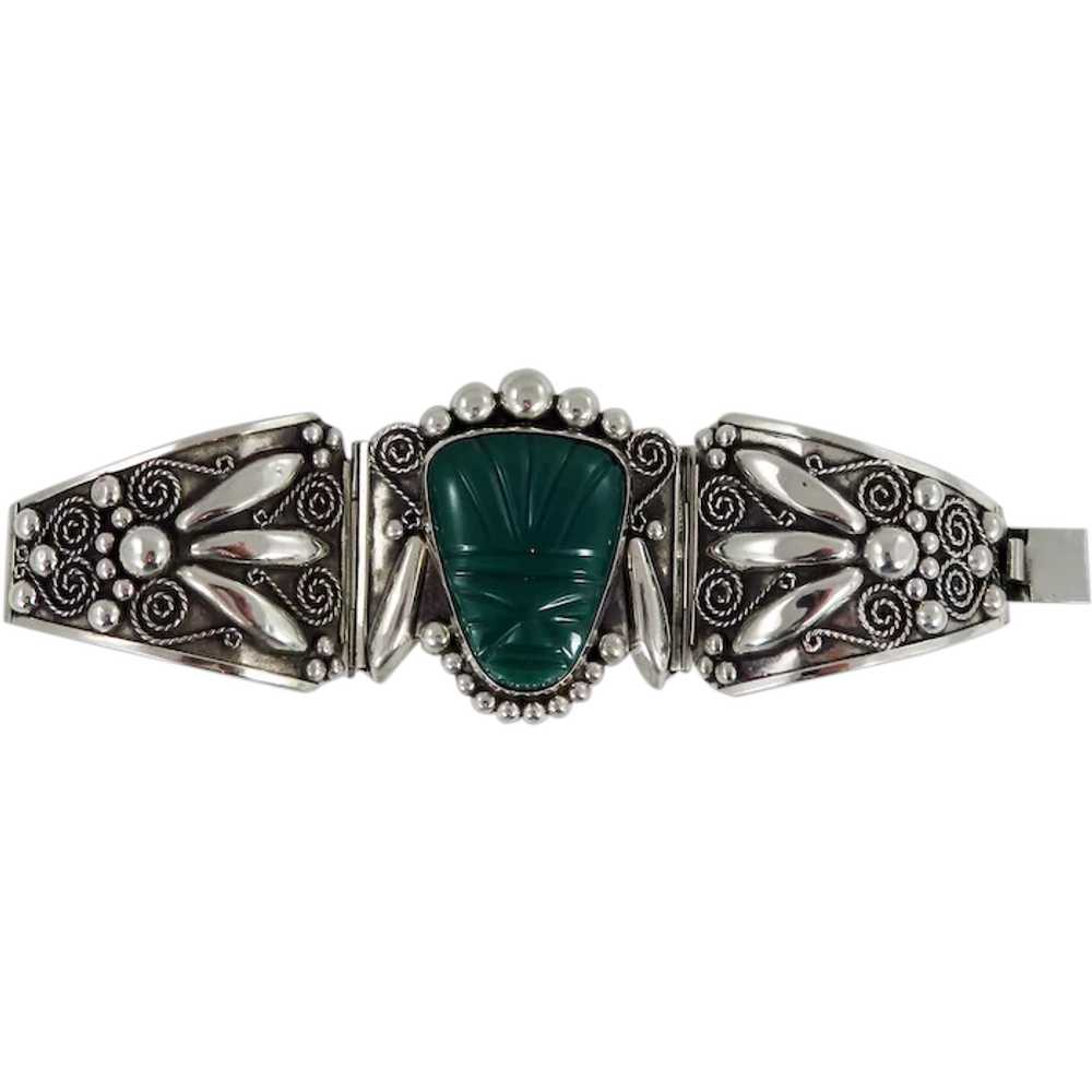 Mexican – Alpaca Silver with Green Stone Face Bra… - image 1