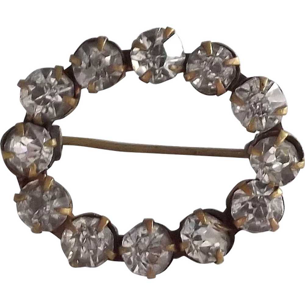 Early Rhinestone Oval Pin Clear Rhinestones Gold … - image 1