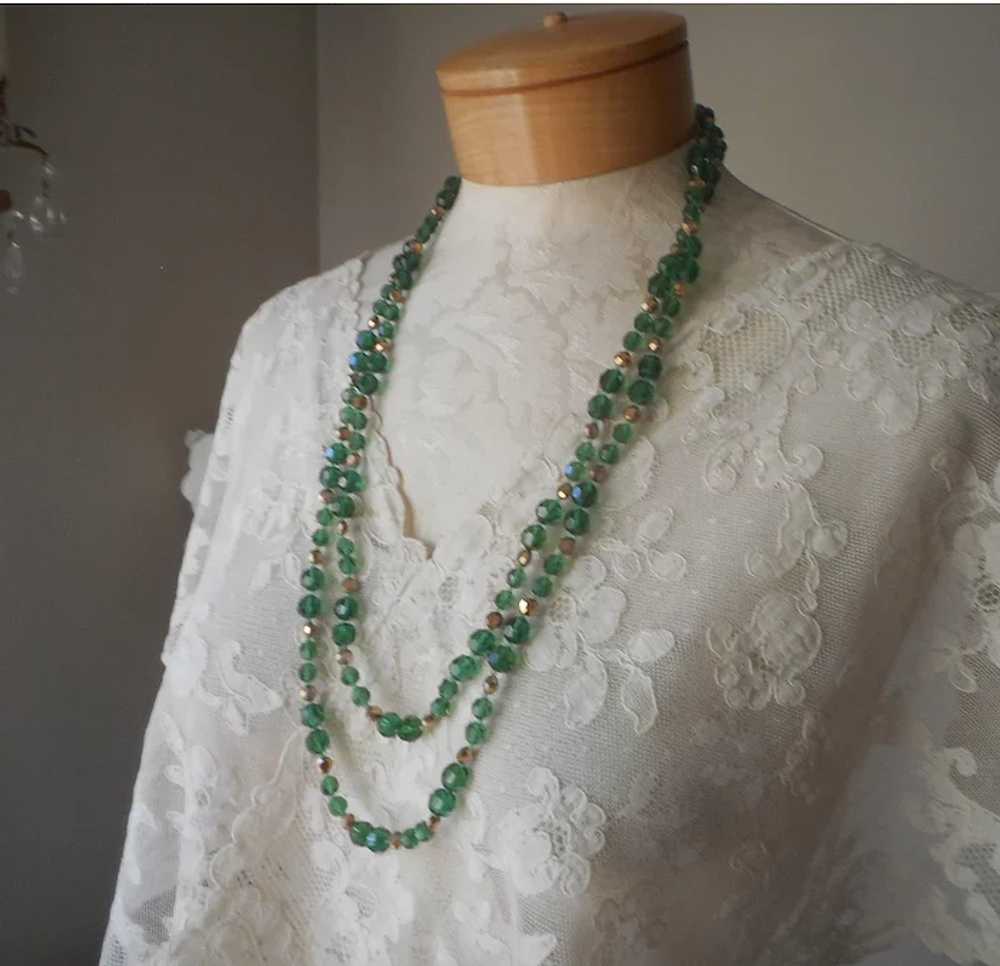 1960s 58 Inch Pine Green Gold Crystal Beads Neckl… - image 7