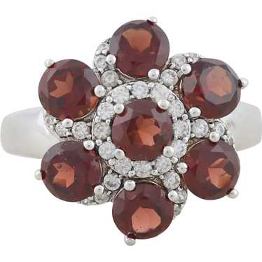 Sterling Silver Garnet and White Topaz Flower Rin… - image 1