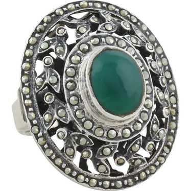 Large Sterling Silver Green Onyx and Marcasite Ri… - image 1
