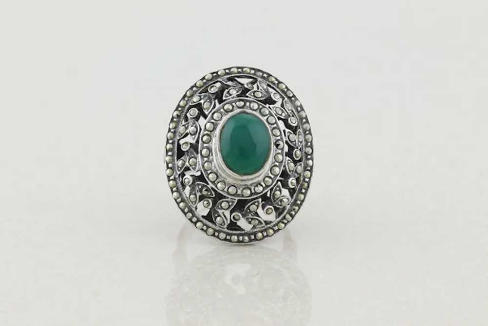 Large Sterling Silver Green Onyx and Marcasite Ri… - image 6
