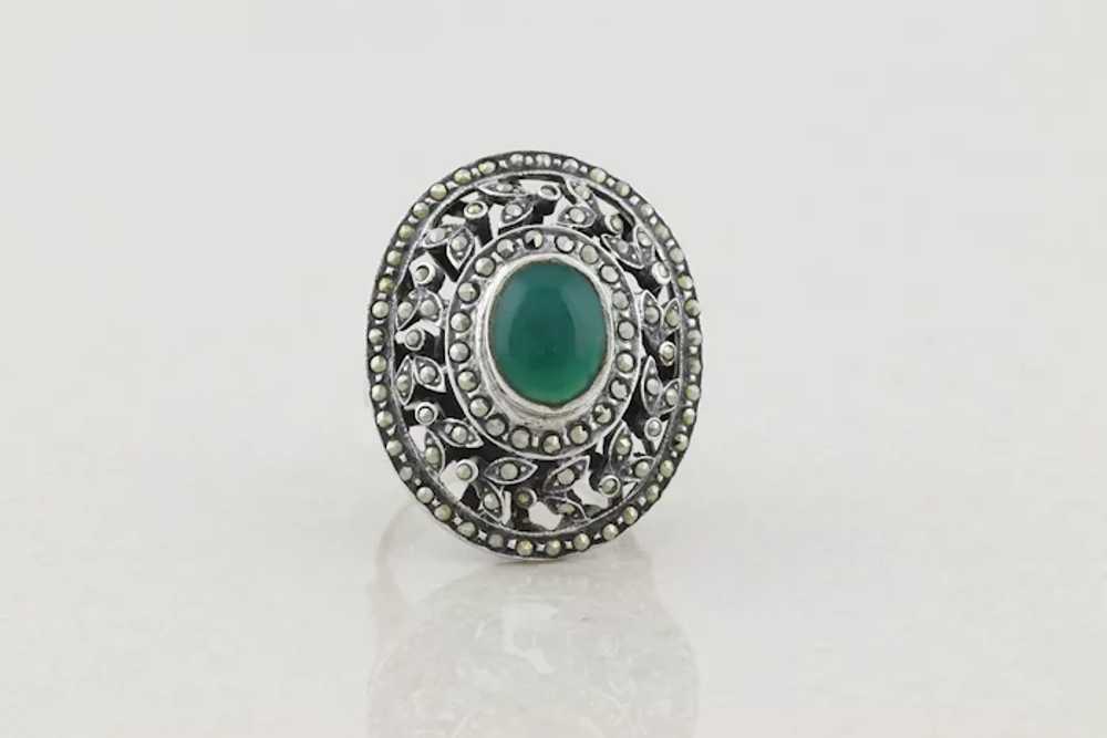 Large Sterling Silver Green Onyx and Marcasite Ri… - image 7