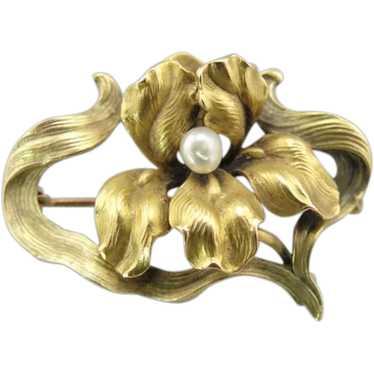 Art Nouveau Frilled Iris Pin with Pearl Center in 