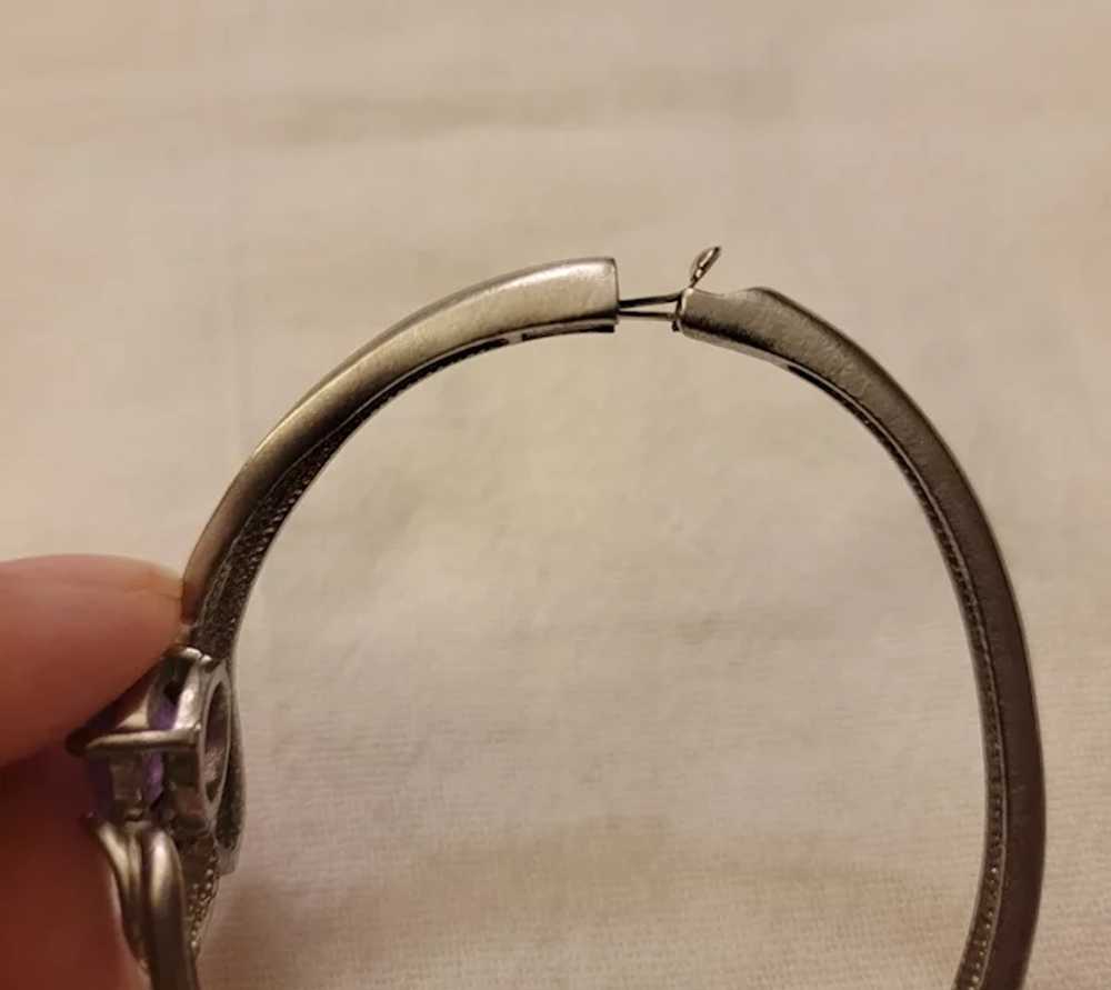 Silver tone bangle bracelet with light purple fau… - image 11