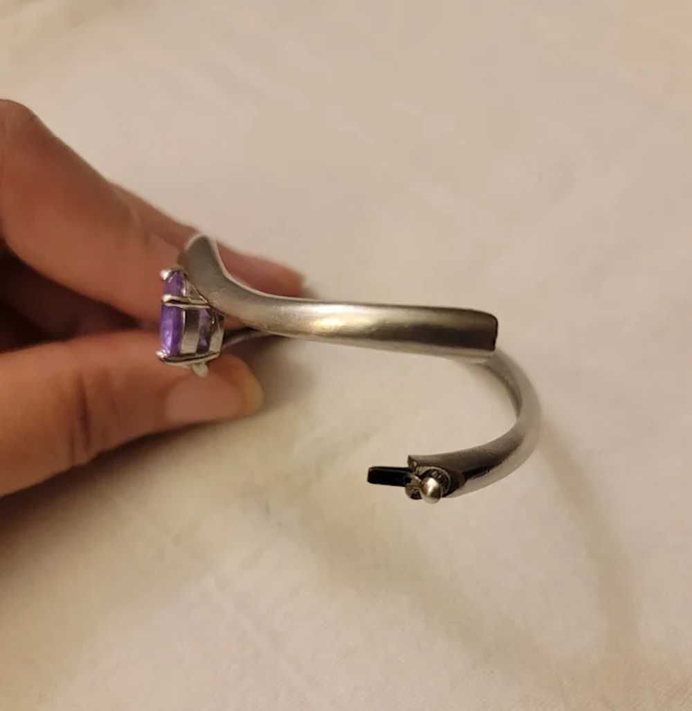 Silver tone bangle bracelet with light purple fau… - image 12