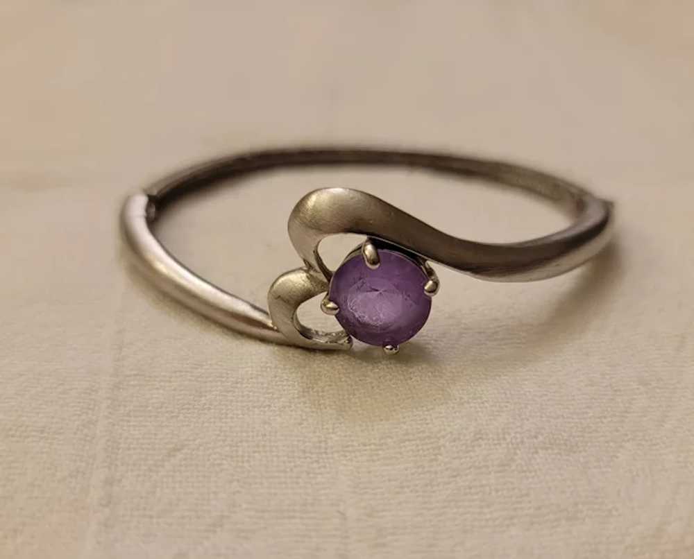 Silver tone bangle bracelet with light purple fau… - image 5