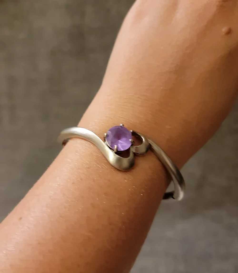 Silver tone bangle bracelet with light purple fau… - image 6