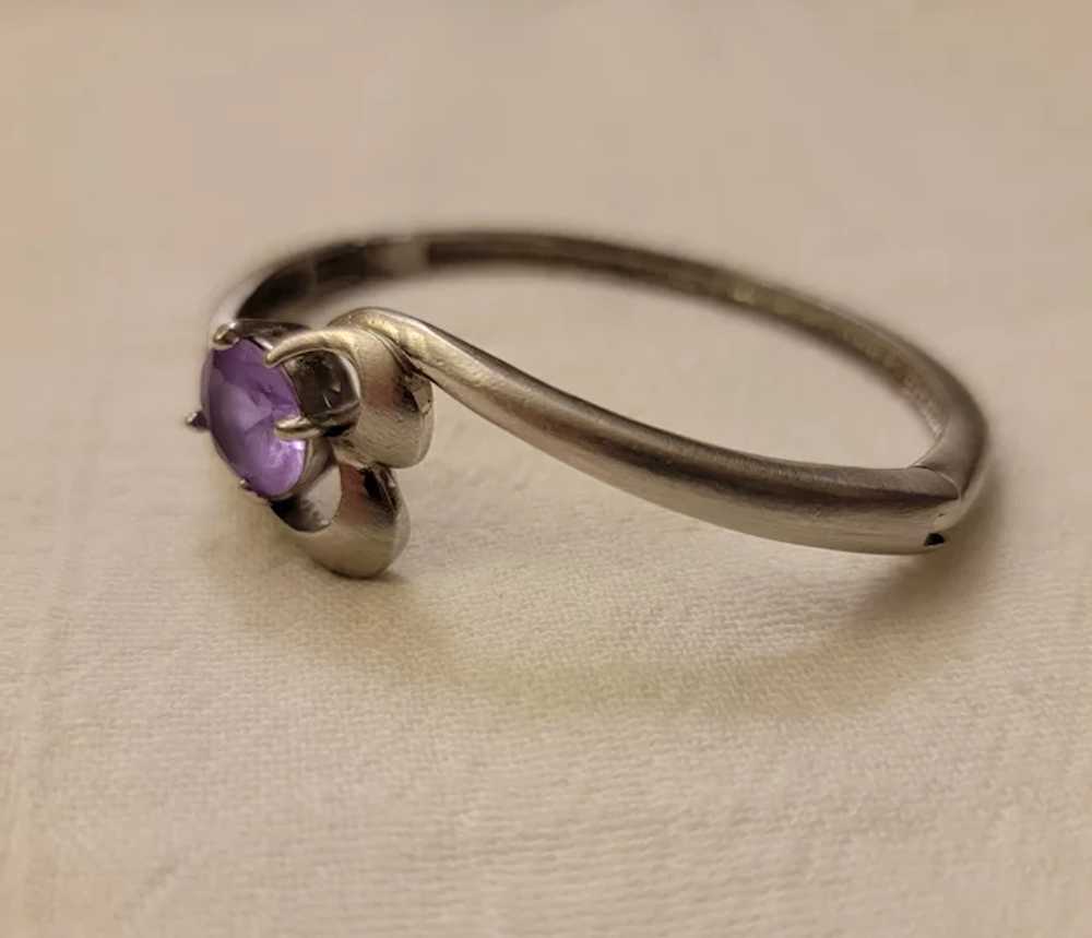 Silver tone bangle bracelet with light purple fau… - image 7