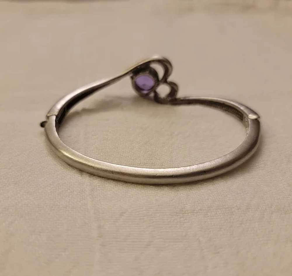 Silver tone bangle bracelet with light purple fau… - image 8
