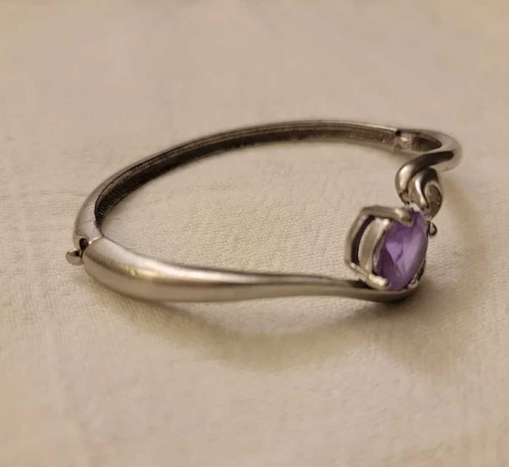 Silver tone bangle bracelet with light purple fau… - image 9