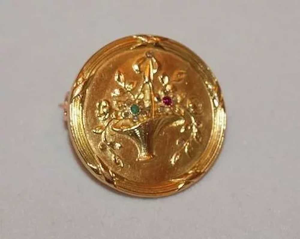 Art Nouveau 15K Gold Pin with Diamond,Ruby, Emera… - image 1