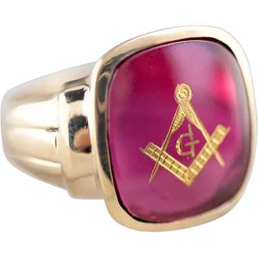 Retro Men's Ruby Red Glass Masonic Ring - image 1