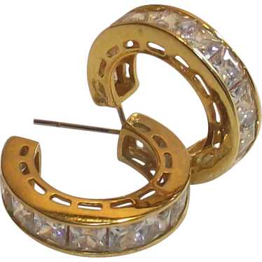 Vintage J Hoop Earrings with Large Princess Cut C… - image 1