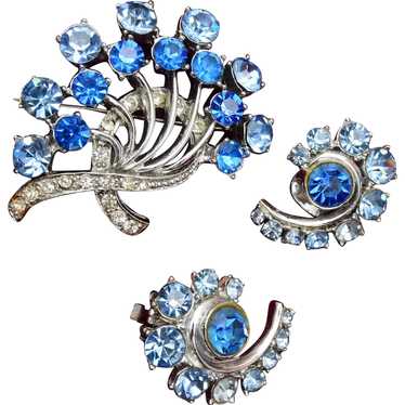 Blue Rhinestone Brooch and Earring Set - image 1