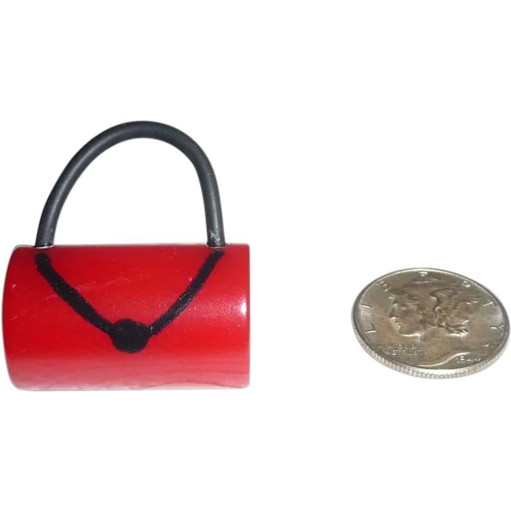 BAKELITE PIN BROOCH Little Red Purse Handbag Pock… - image 1