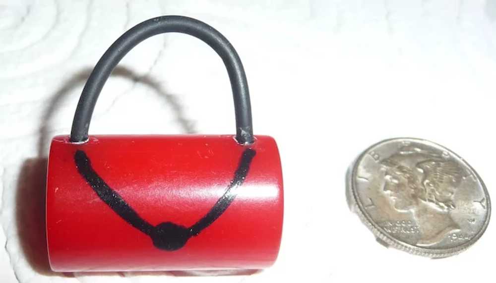 BAKELITE PIN BROOCH Little Red Purse Handbag Pock… - image 3