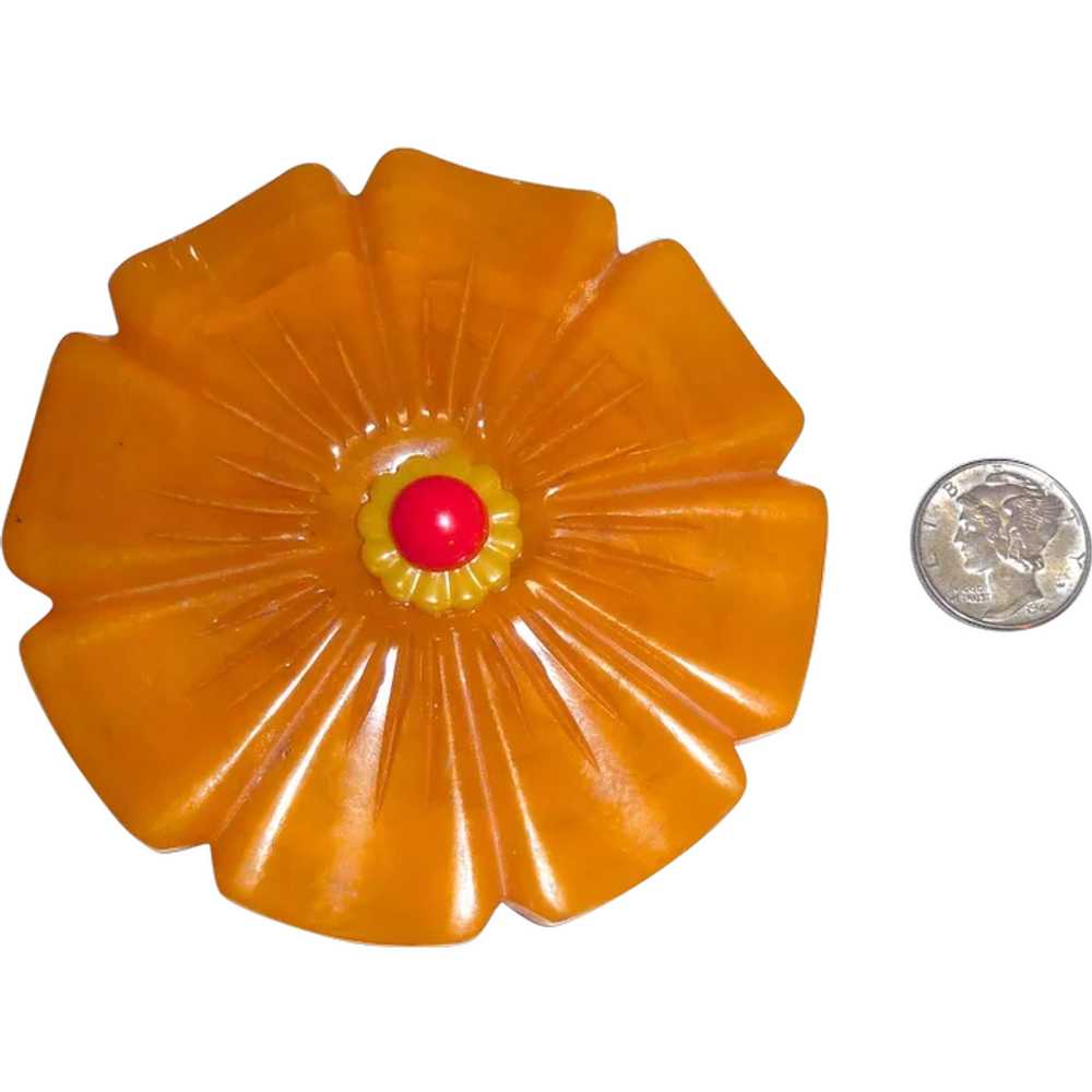 XL 3 Color Bakelite Carved Flower Pin Brooch Butt… - image 1