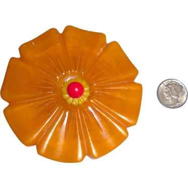 XL 3 Color Bakelite Carved Flower Pin Brooch Butt… - image 1