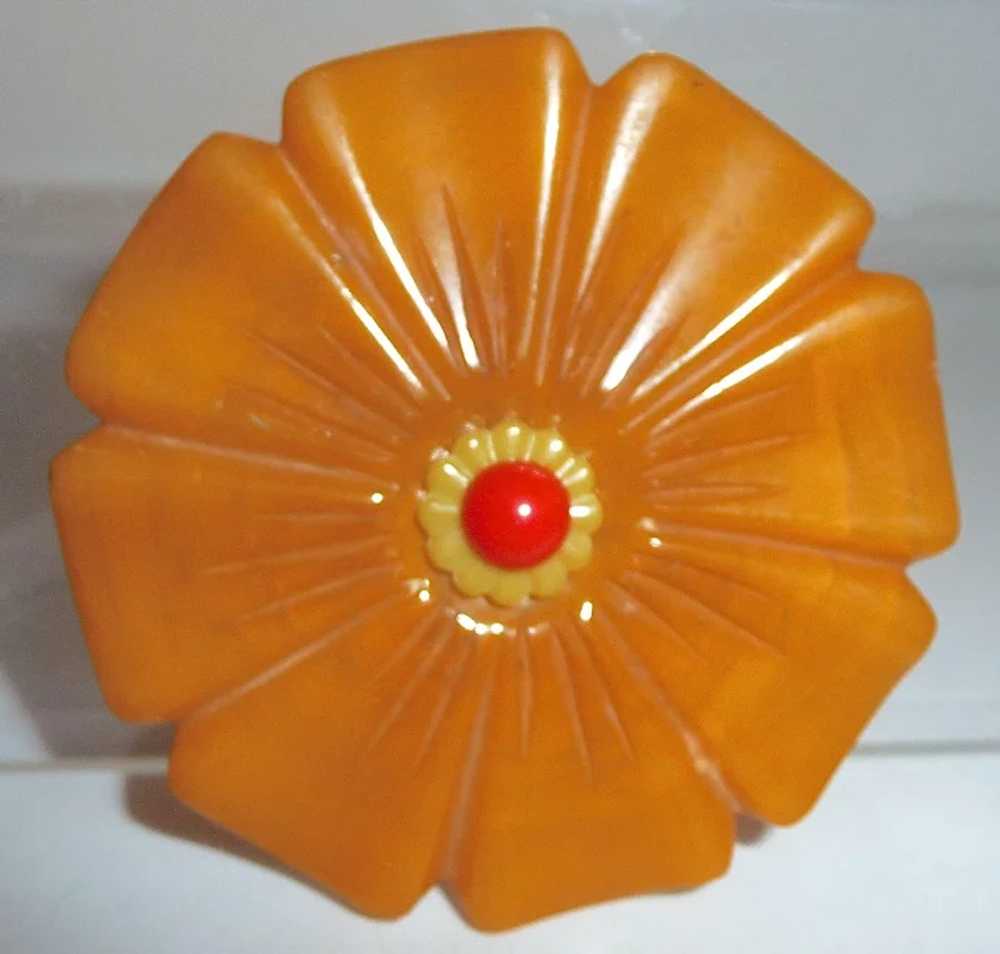 XL 3 Color Bakelite Carved Flower Pin Brooch Butt… - image 2