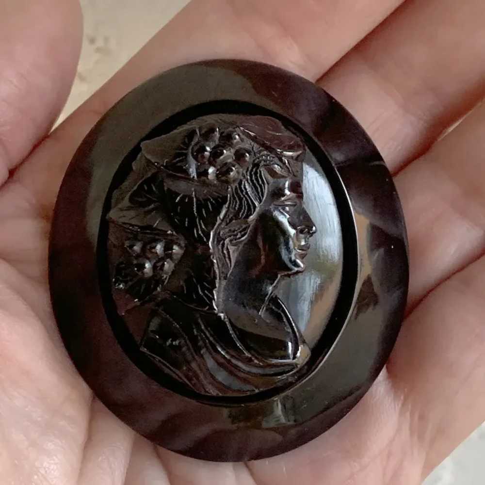 ANTIQUE Victorian Mourning Whitby Jet Cameo Brooch - image 3