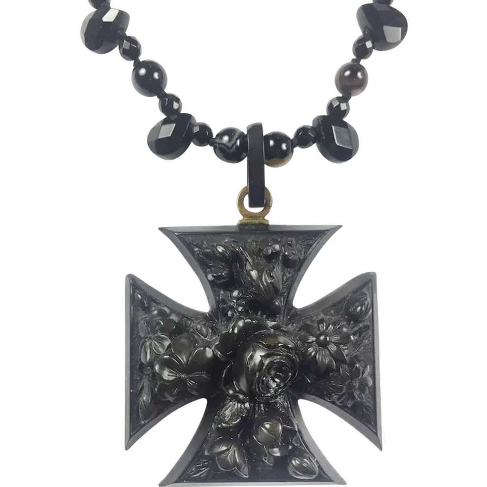 Large RARE Vulcanite Mourning Cross / Black Onyx … - image 1