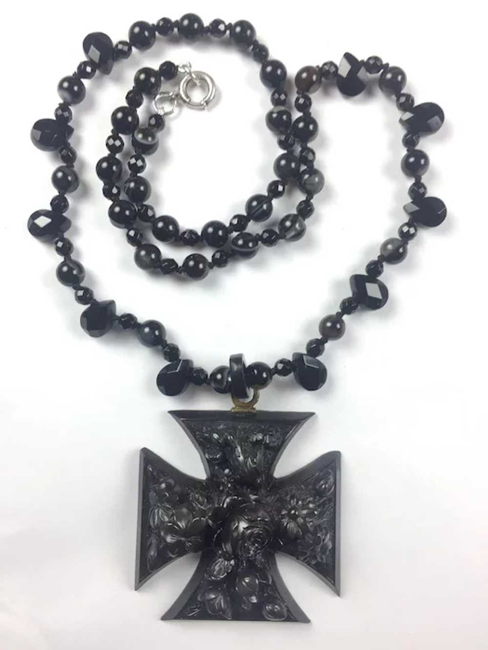 Large RARE Vulcanite Mourning Cross / Black Onyx … - image 2