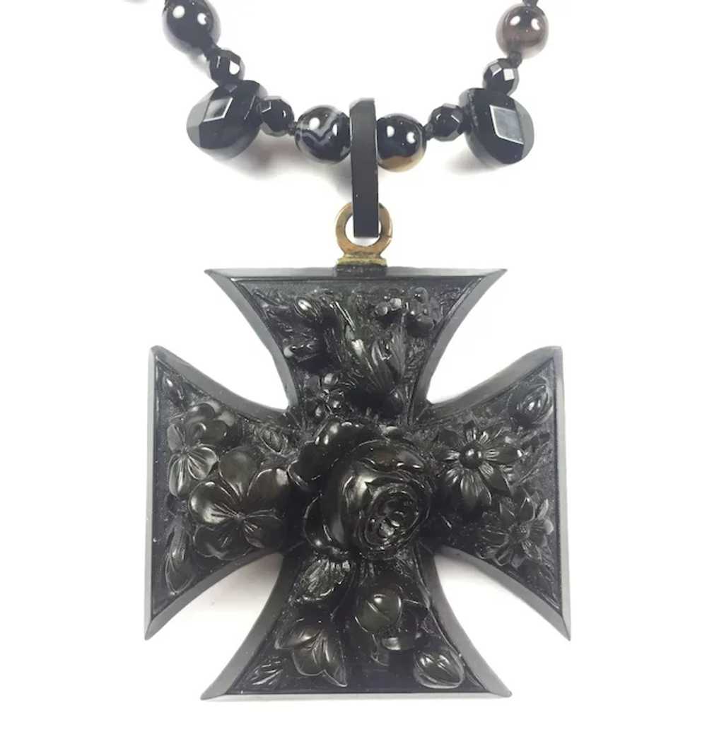 Large RARE Vulcanite Mourning Cross / Black Onyx … - image 3